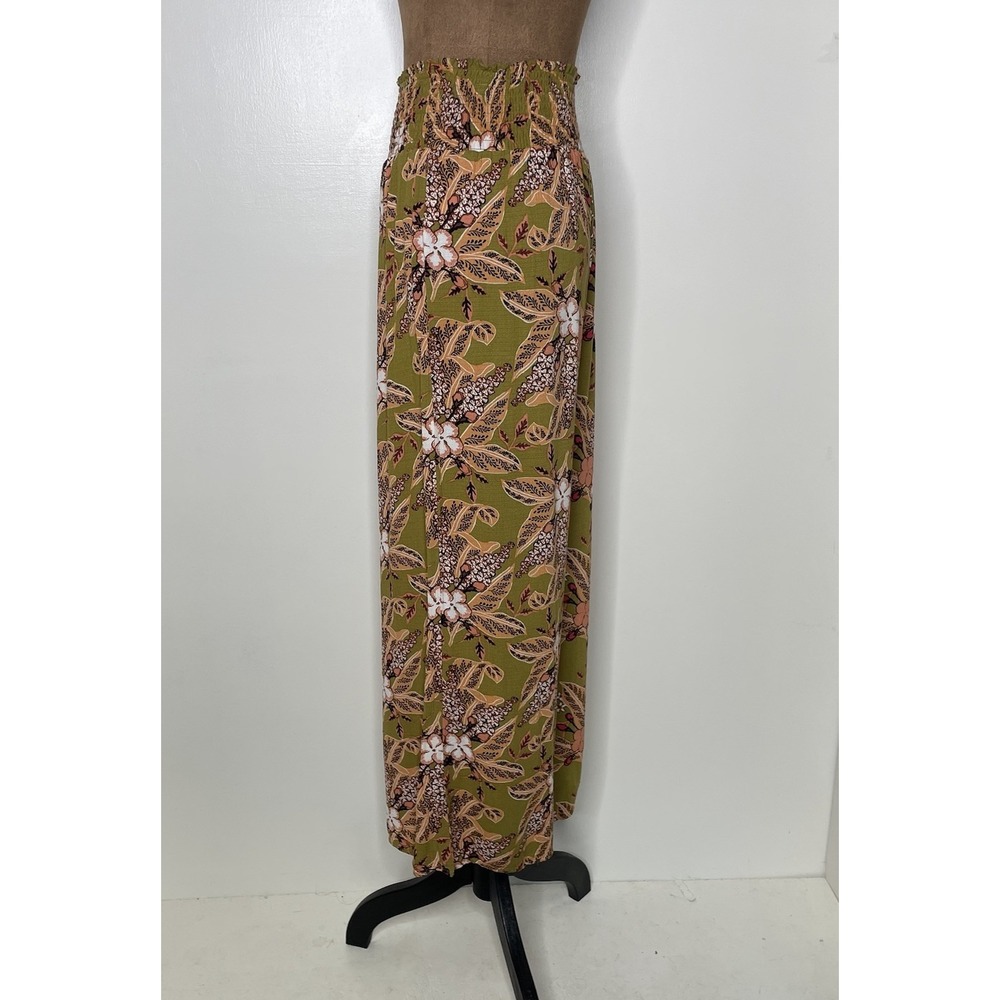 Women's Wide Leg Palazzo Flowy Pants Boho Size L Olive Green Floral Tropical - Picture 6 of 14